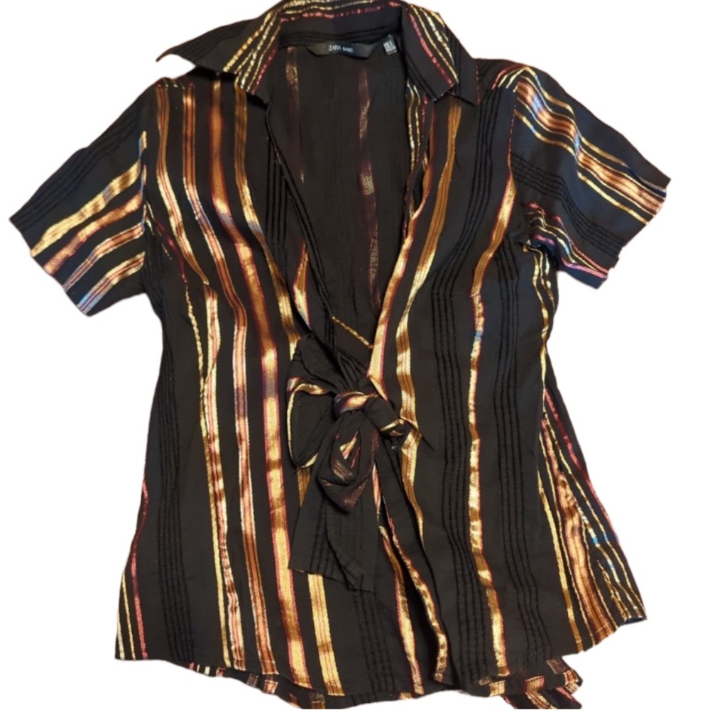 ZARA BASIC Metallic Striped Faux Wrap Knot Front Short Sleeve Button Up Small